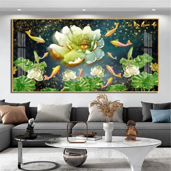 Tranh Cửu Ngư Quần Hội Tráng Gương Treo Phòng Khách, Quà Tặng Tân Gia, May Mắn, Tài Lộc C12