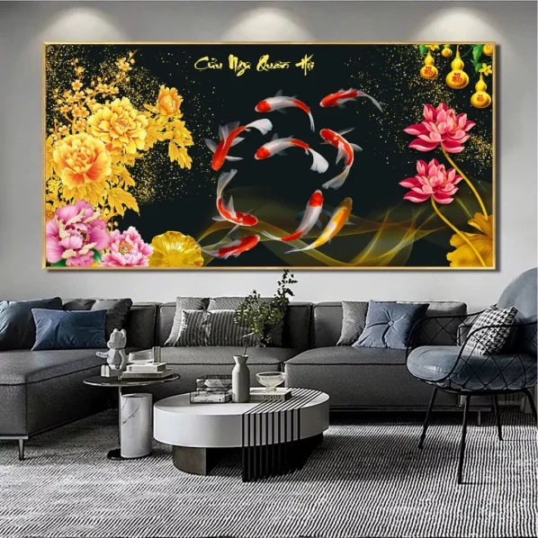 Tranh Cửu Ngư Quần Hội Tráng Gương Treo Phòng Khách, Quà Tặng Tân Gia, May Mắn, Tài Lộc C13