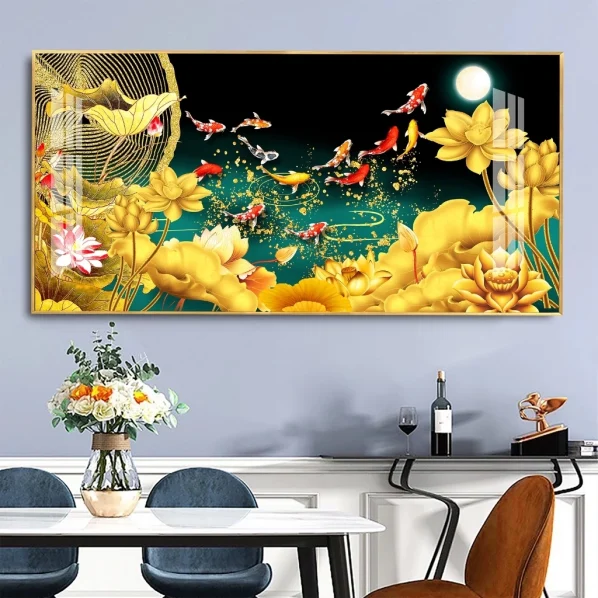 Tranh Cửu Ngư Quần Hội Tráng Gương Treo Phòng Khách, Quà Tặng Tân Gia, May Mắn, Tài Lộc C15