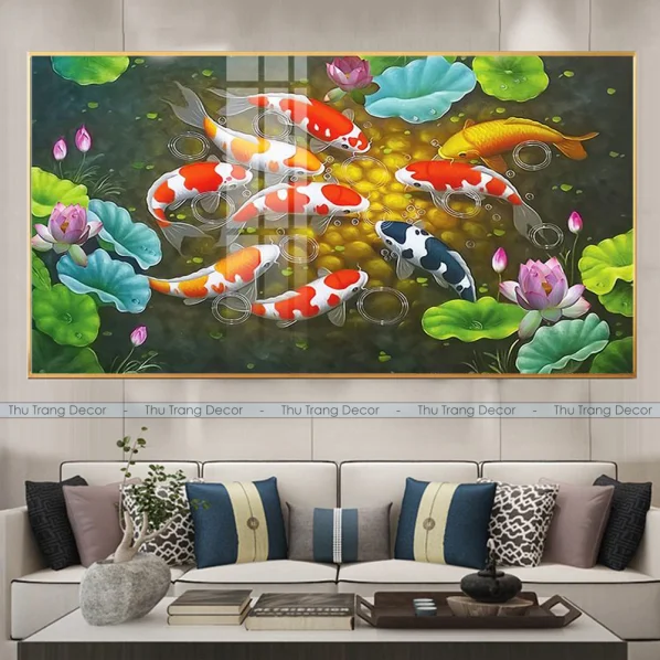 Tranh Cửu Ngư Quần Hội Tráng Gương Treo Phòng Khách, Quà Tặng Tân Gia, May Mắn, Tài Lộc C4
