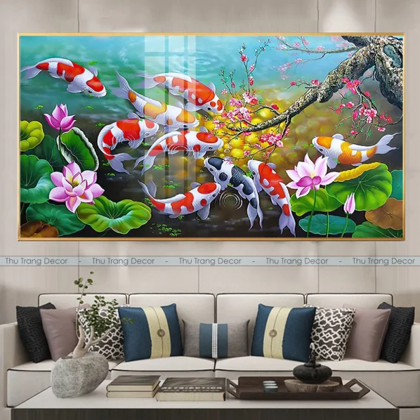 Tranh Cửu Ngư Quần Hội Tráng Gương Treo Phòng Khách, Quà Tặng Tân Gia, May Mắn, Tài Lộc C5