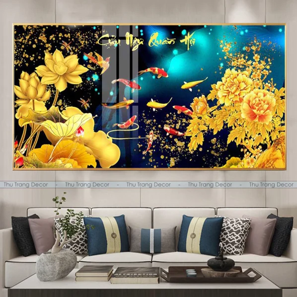 Tranh Cửu Ngư Quần Hội Tráng Gương Treo Phòng Khách, Quà Tặng Tân Gia, May Mắn, Tài Lộc C7