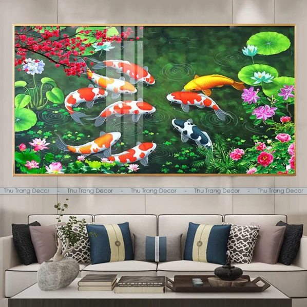 Tranh Cửu Ngư Quần Hội Tráng Gương Treo Phòng Khách, Quà Tặng Tân Gia, May Mắn, Tài Lộc C8