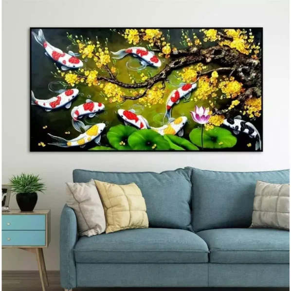 Tranh Cửu Ngư Quần Hội Tráng Gương Treo Phòng Khách, Quà Tặng Tân Gia, May Mắn, Tài Lộc C9