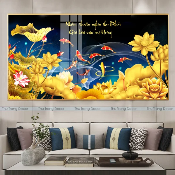 Tranh Cửu Ngư Quần Hội Tráng Gương Treo Phòng Khách, Quà Tặng Tân Gia, May Mắn, Tài Lộc C1